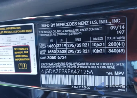 2015 Mercedes-Benz Ml 63 Amg 4Matic from USA, damaged, VIN 4JGDA7EB9FA471256